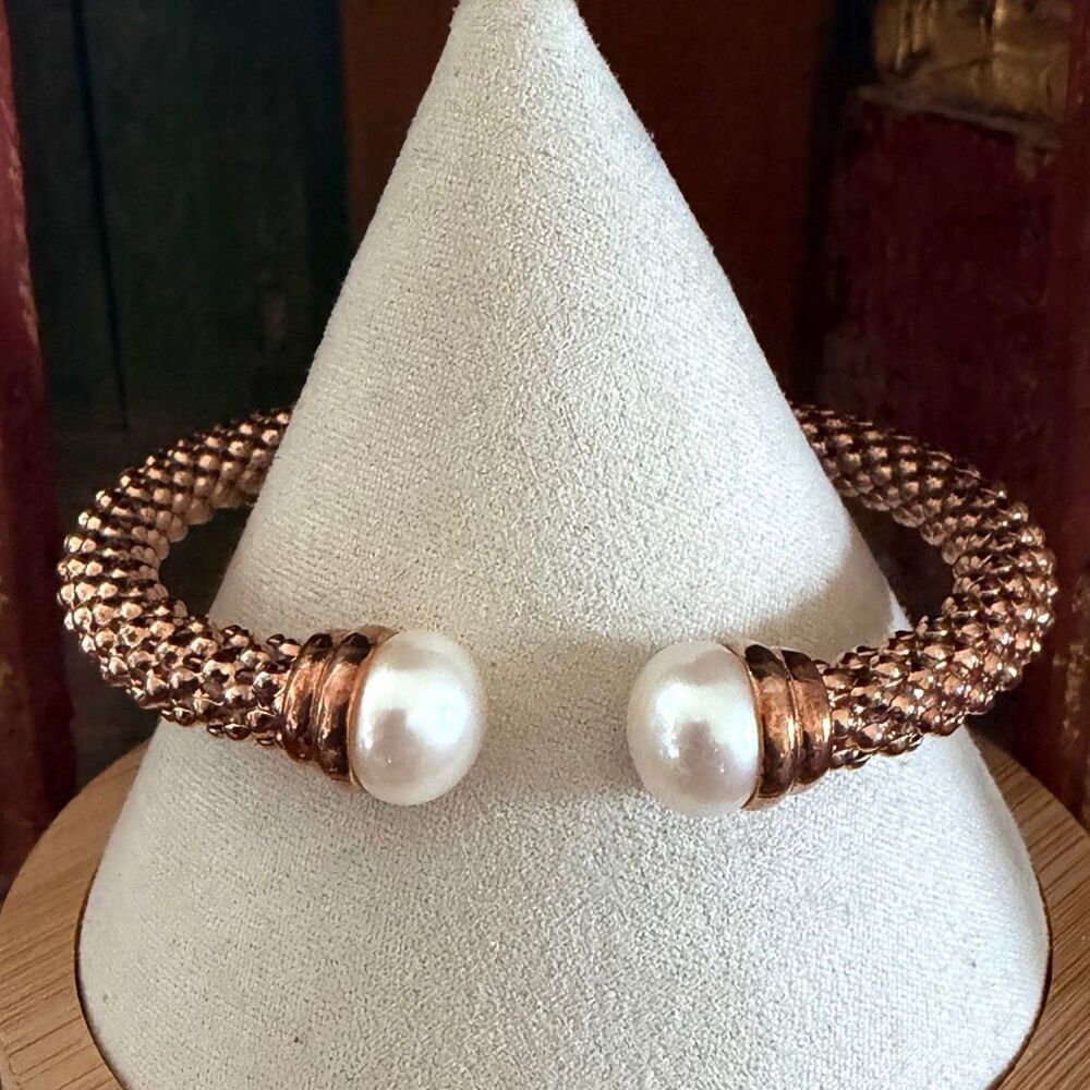 Honora Rose Gold Tone Mesh Pearl Open Cuff Bracelet
